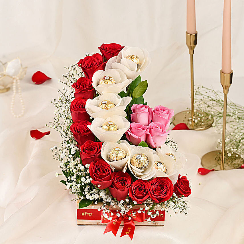Red Roses With Ferrero Rocher Arrangement In Round FNP Box