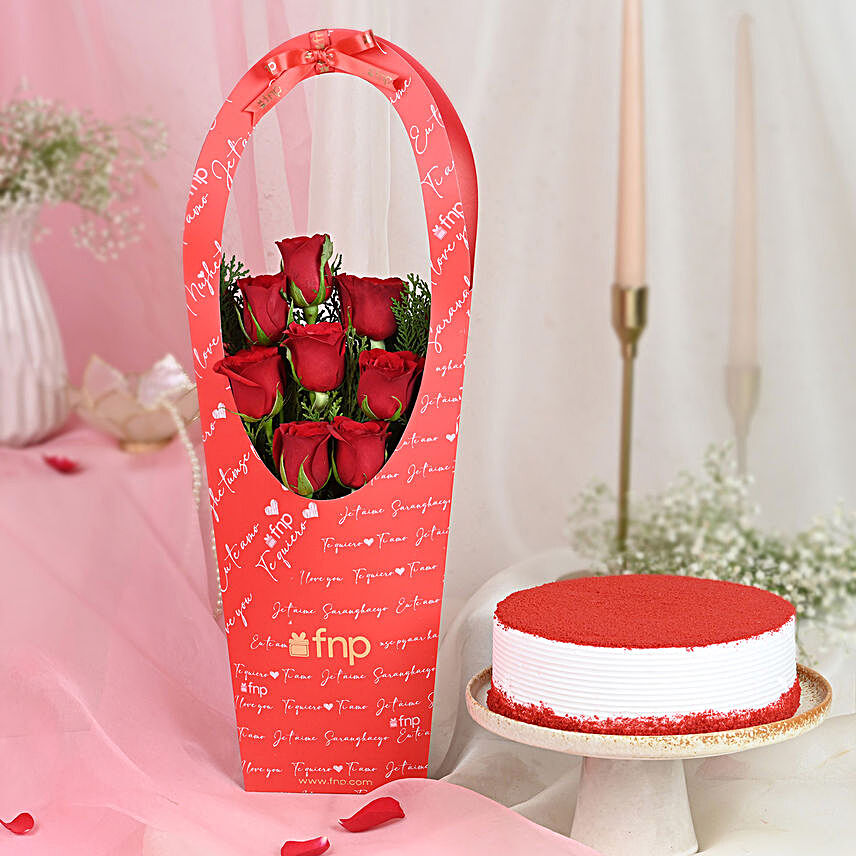 Red Velvet Floral Combo:Flower Bouquet & Cakes