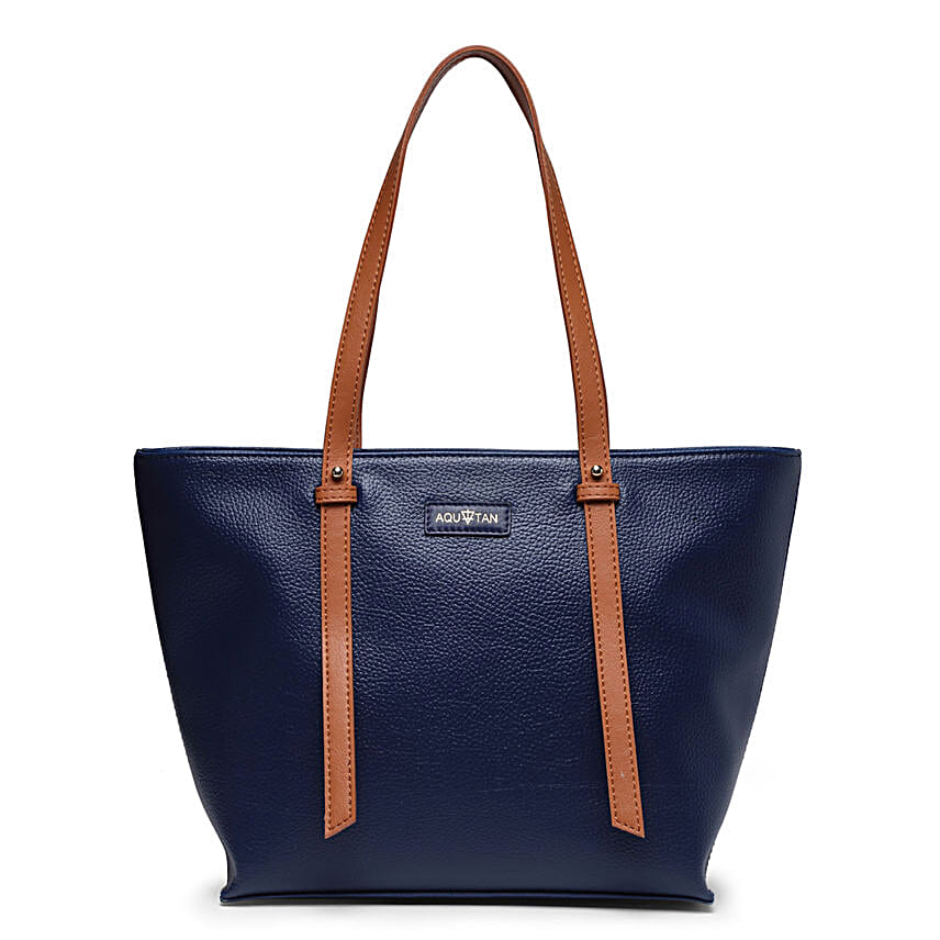 Vegan Leather Tote Bag Navy With Tan Handle