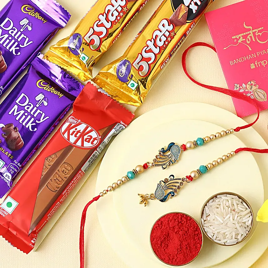 Sneh Peacock Bhaiya Bhabhi Rakhi & 5 Star Chocolates