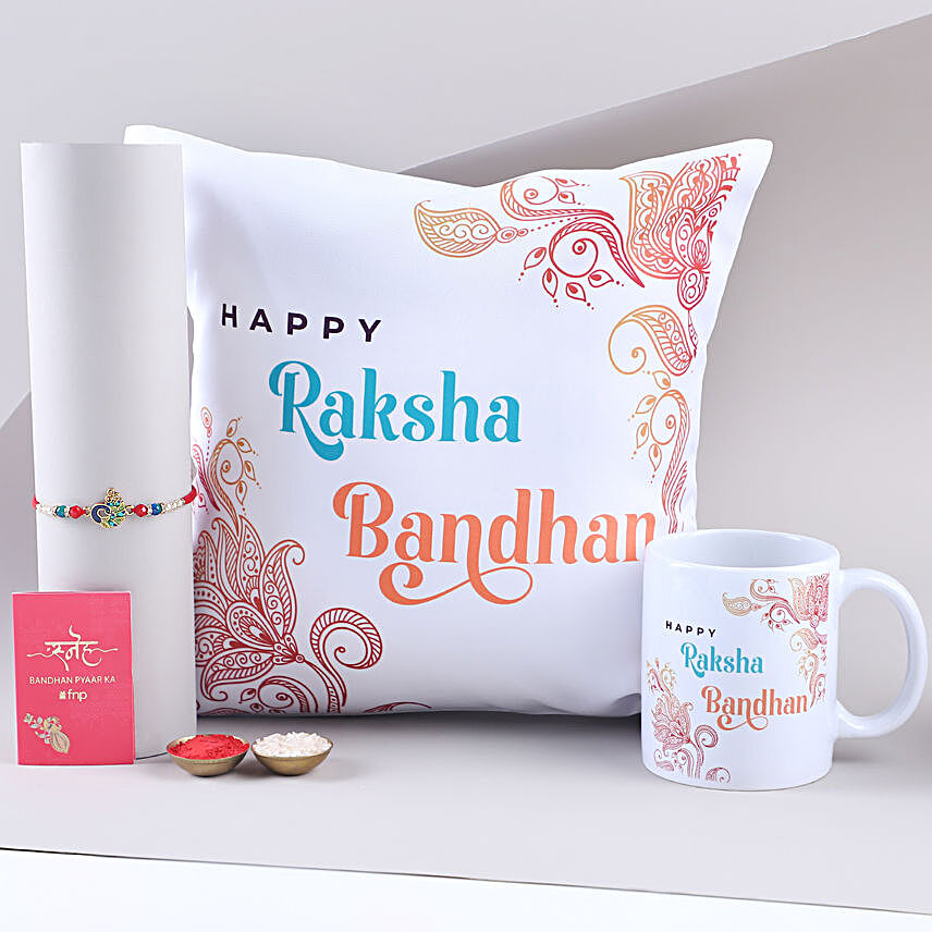 Sneh Peacock Rakhi & Cushion With Mug Set