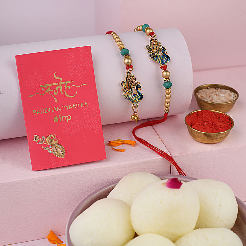 Sneh Bhaiya Bhabhi Peacock Rakhi Set with Rasgulla