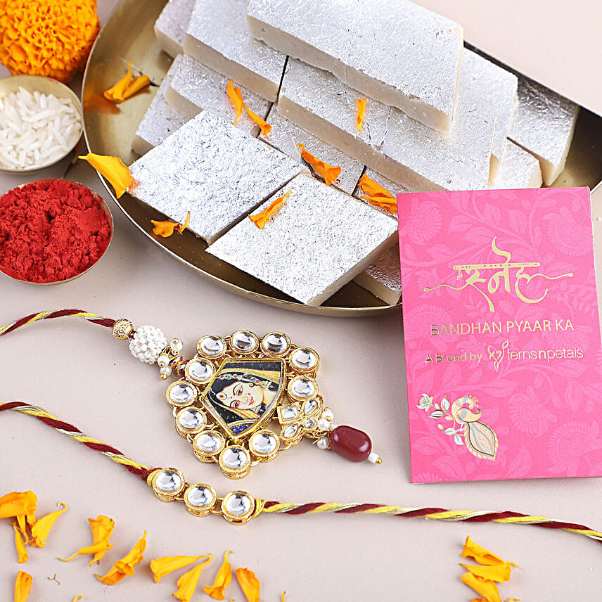 Sneh Ethnic Kundan Bhaiya Bhabi Rakhi with Kaju Katli