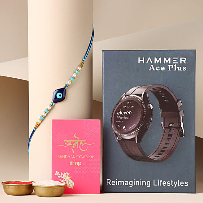 Buy/Send Sneh Evil Eye Rakhi with Hammer Pulse Smartwatch Black Online- FNP