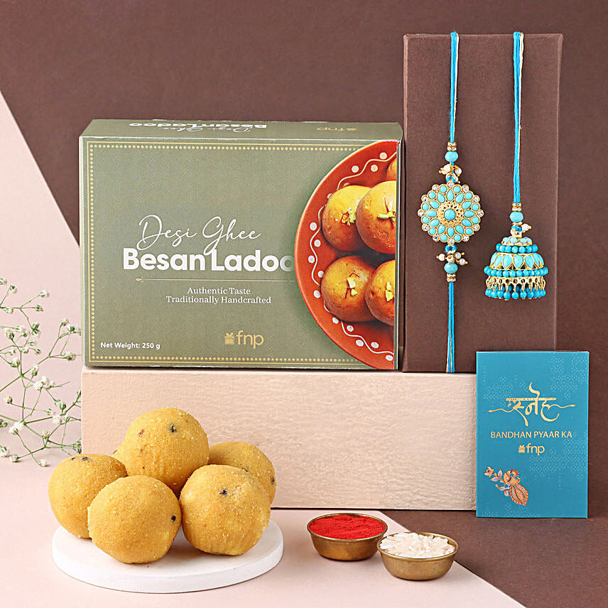 Sneh Bhaiya Bhabhi Ethnic Rakhi Set N Besan Laddoo