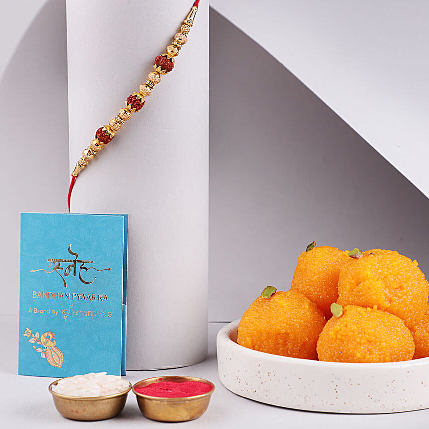 Sneh Devotional Rudraksha Rakhi N Motichoor Laddoos