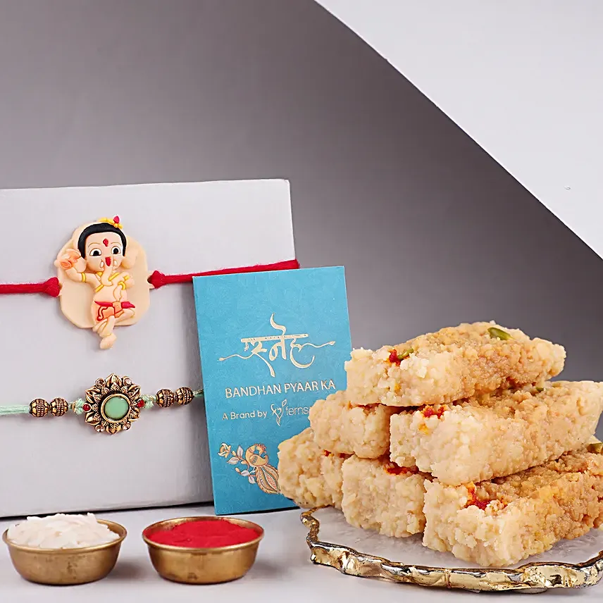 Sneh Rudraksha & Meenakari Rakhi Set With Milk Cakes