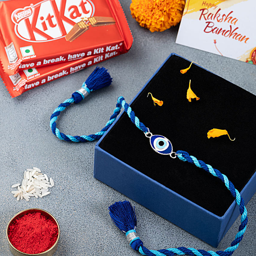 Silver Evil Eye Rakhi N Kitkat Chocolate Combo