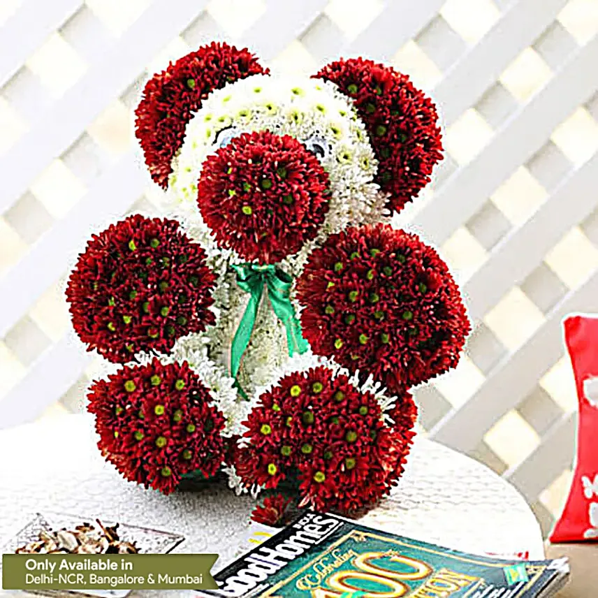 Red & White Chrysanthemums Teddy Bear Arrangement