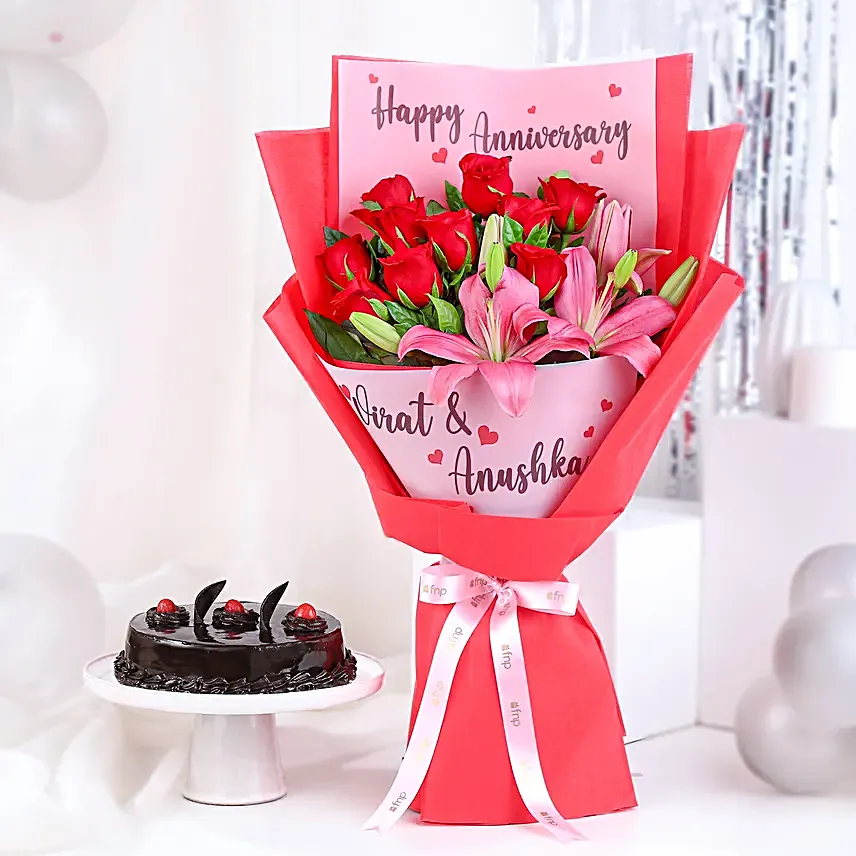 Personalised Anniversary Flower Bouquet & Truffle Cake
