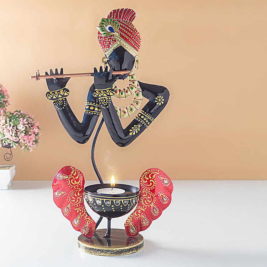 Krishna T Light Candle Holder Blue & Pink