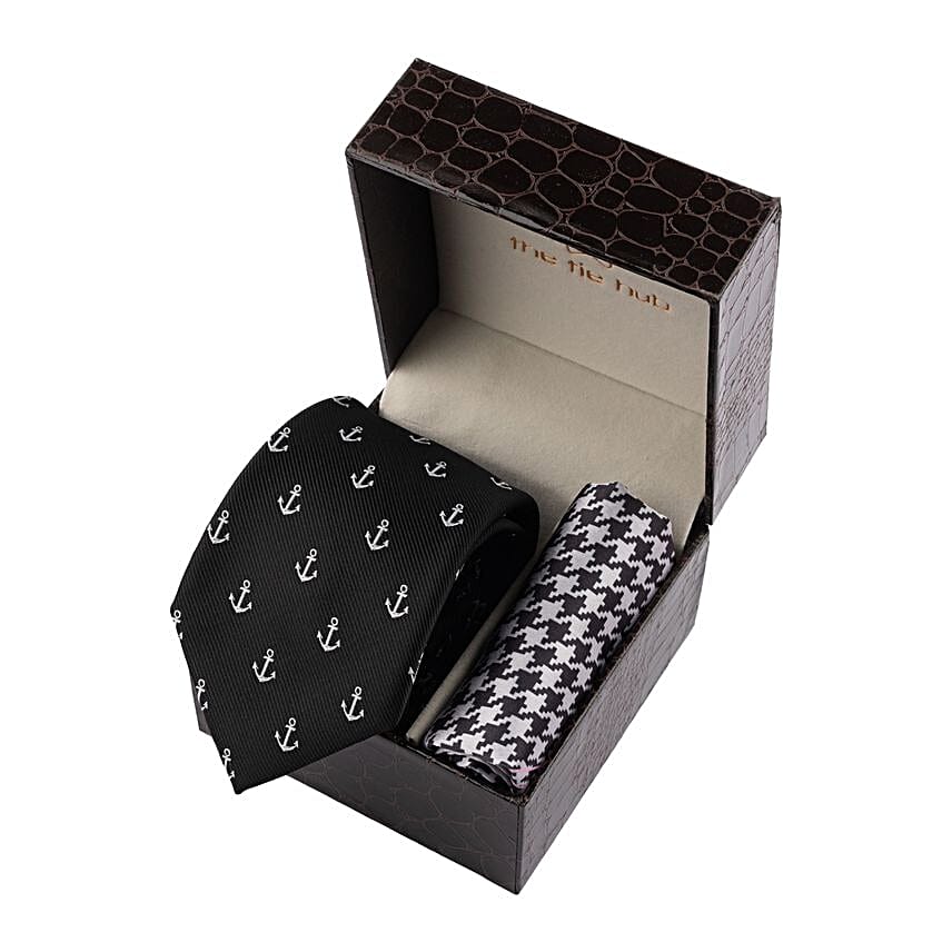 Black Anchor Tie & Pocket Square Set