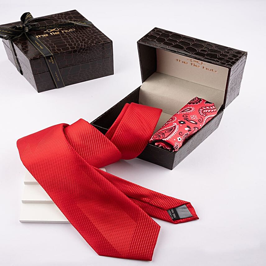 Bold Red Tie & Printed Pocket Square Set