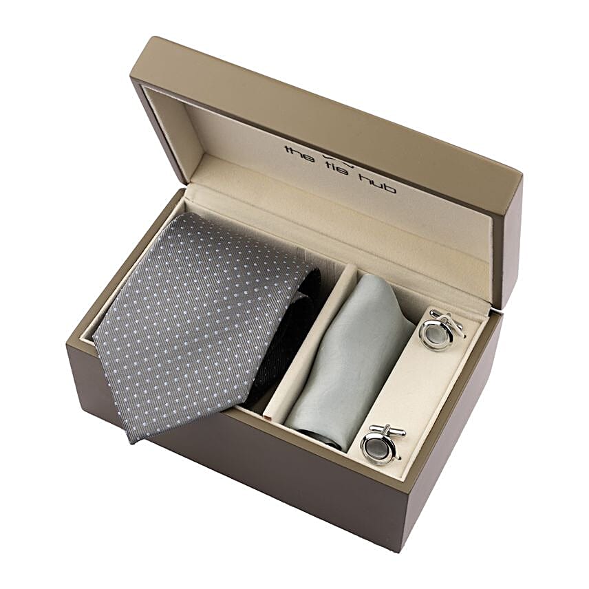 Polka Grey Tie & Pocket Square Gift Box