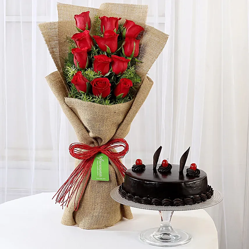 12 Layered Red Roses Bouquet & Truffle Cake