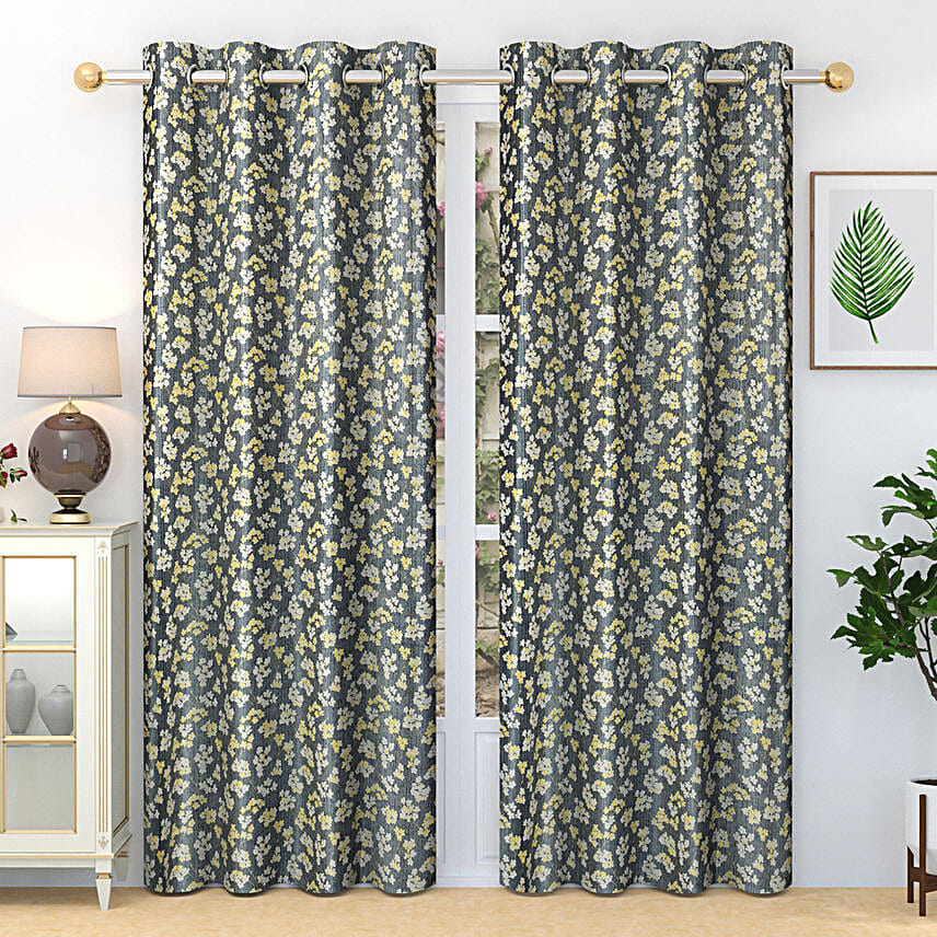 Floral Spring Time Grey Curtain Set