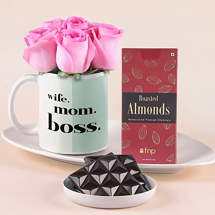 Blushing Roses In Mug N Chocolate Combo For Her