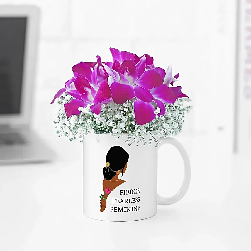Joyful Orchids In Mug For Fearless Woman
