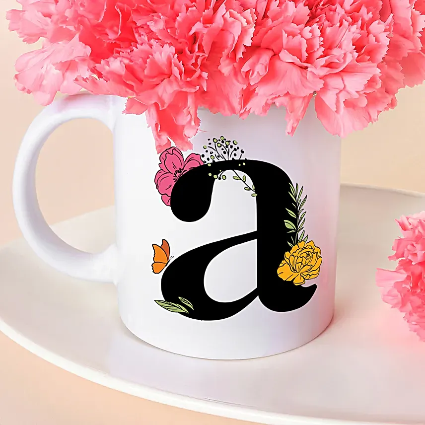 Personalised Initial Mug with Pink Carnations