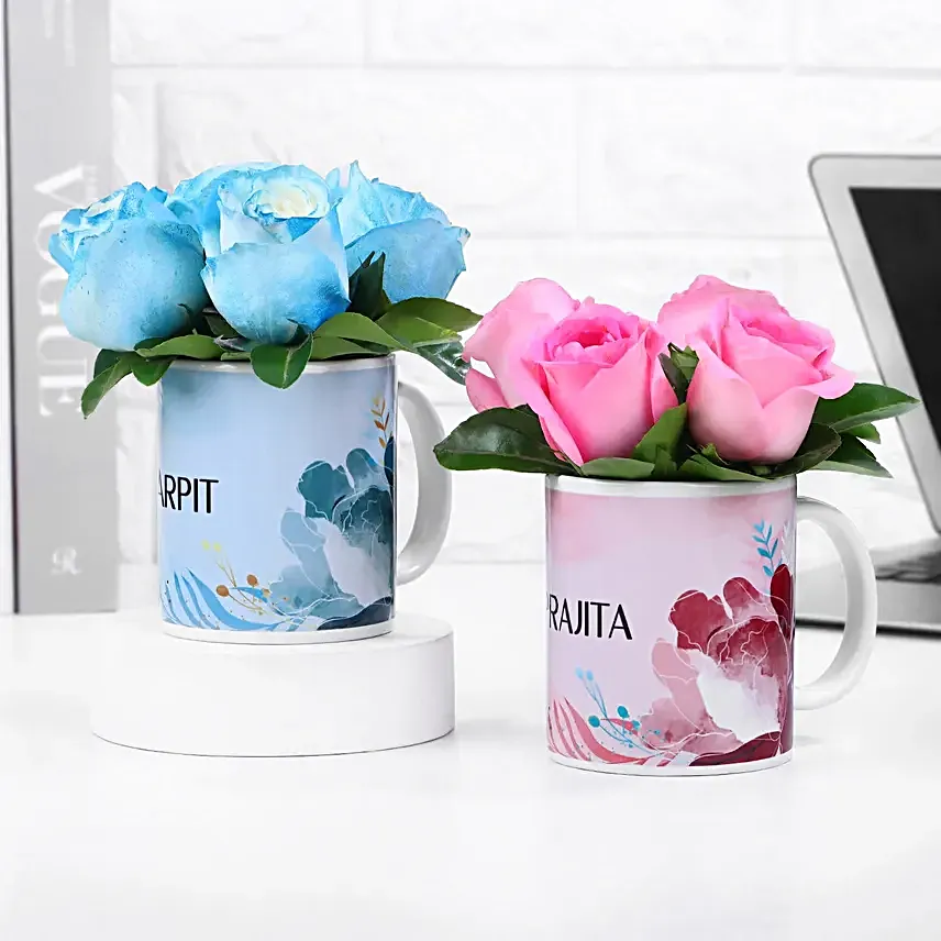 Blushing Roses In Personalised Couple Mugs