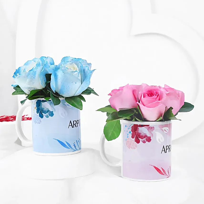 Blushing Roses In Personalised Couple Mugs