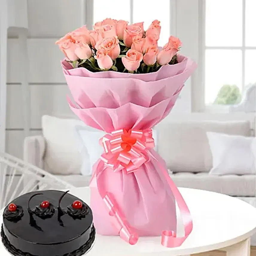 Pink Roses with Cake - Bouquet of 10 pink roses with in paper packing and 500 grams of chocolate truffle cake.