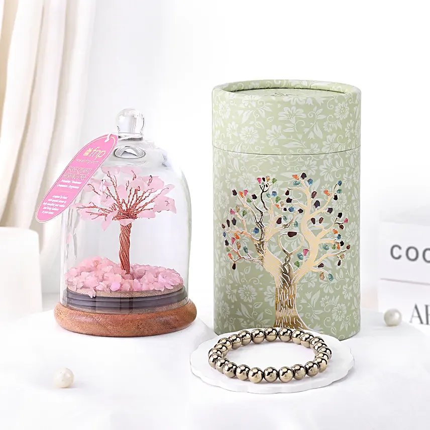 Rose Quartz Wish Tree N Pyrite Healing Stone Bracelet Set