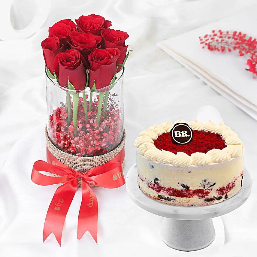 Red Velvet Ice Cream Cake N Red Roses Combo