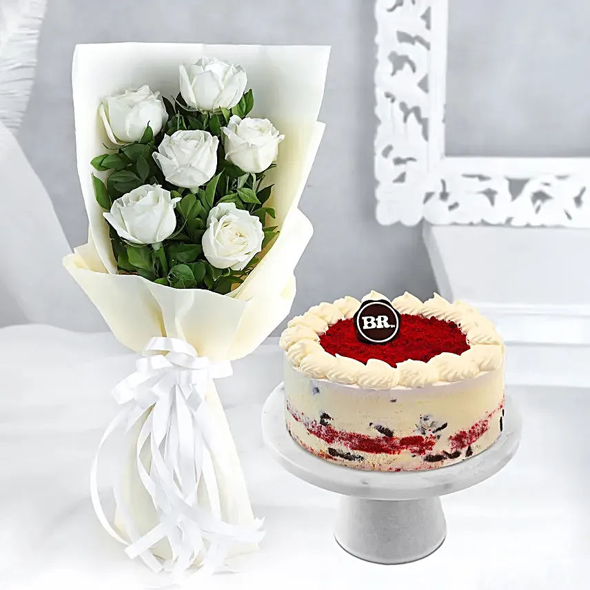 Red Velvet Ice Cream Cake N White Roses Combo