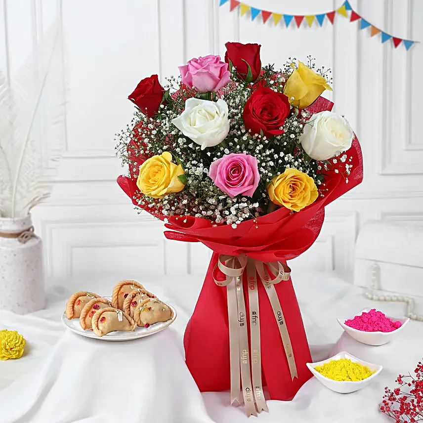 Multicoloured gulal packets, red rose bouquet, gujia hamper