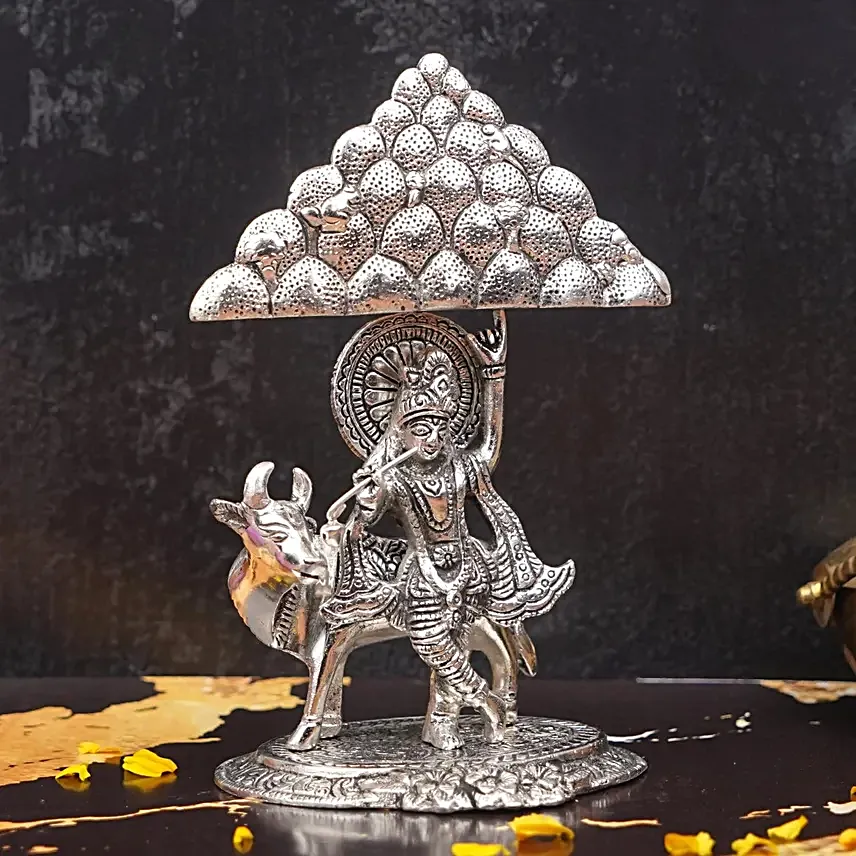 Servdharm Graceful Silver Govardhan Krishna Idol