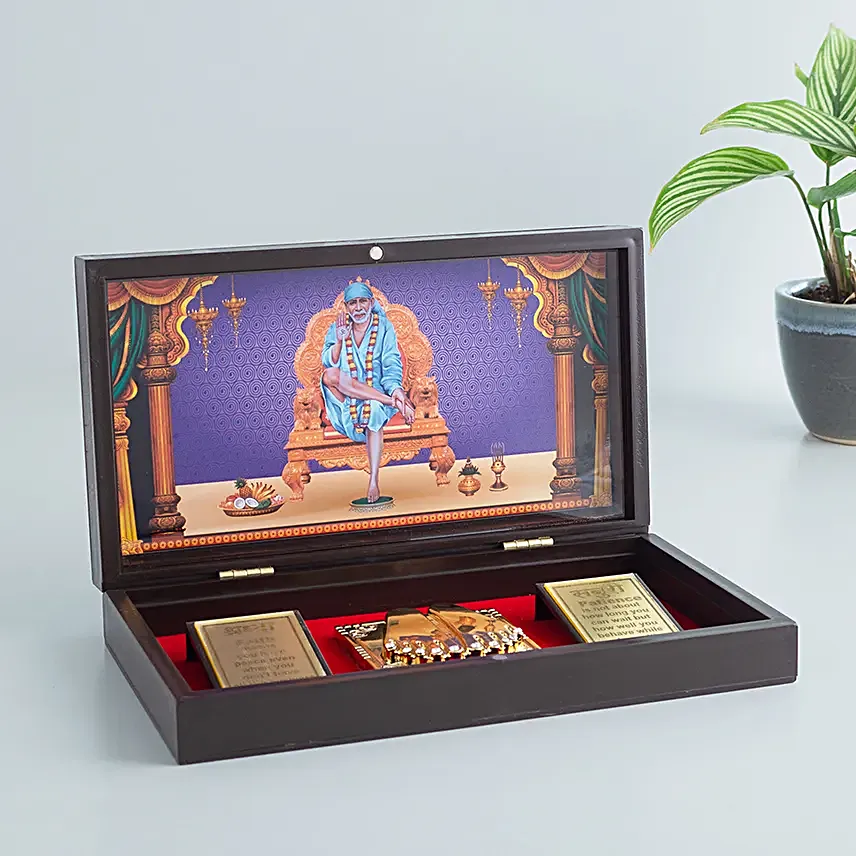 Brown And Blue Gold Foil Sai Baba Pooja Box