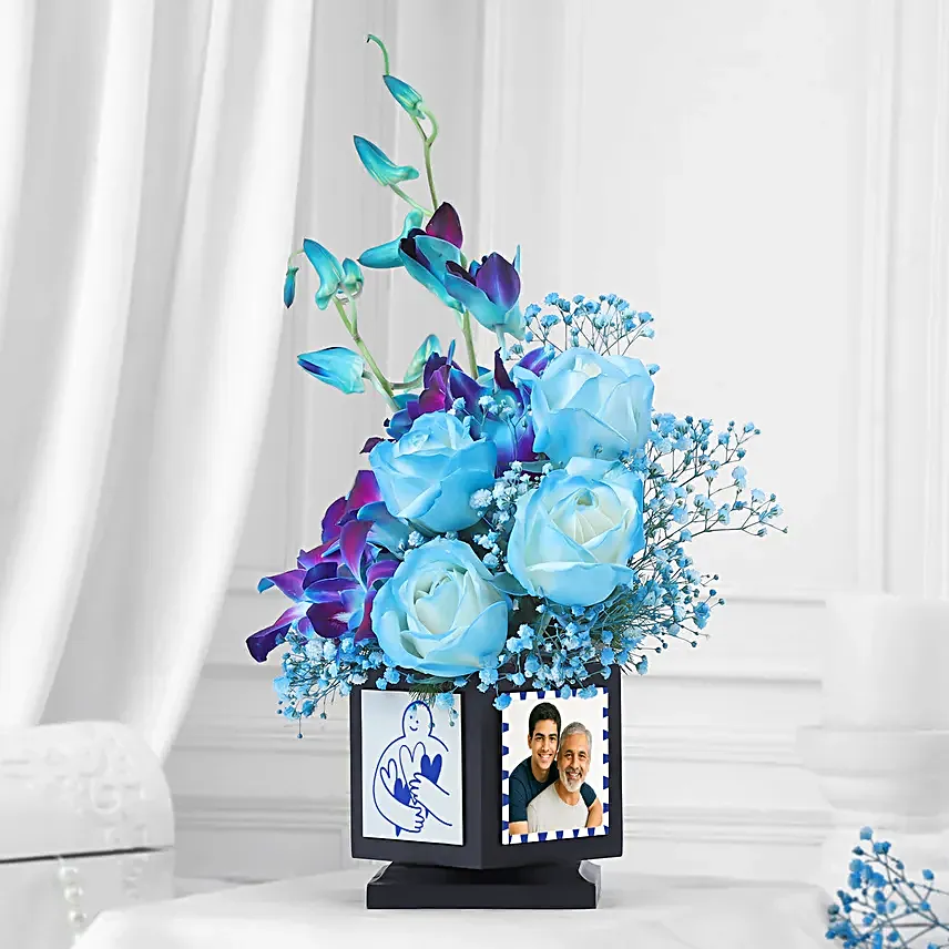 Fathers Day Blue Orchid N White Rose Desk Arrangement