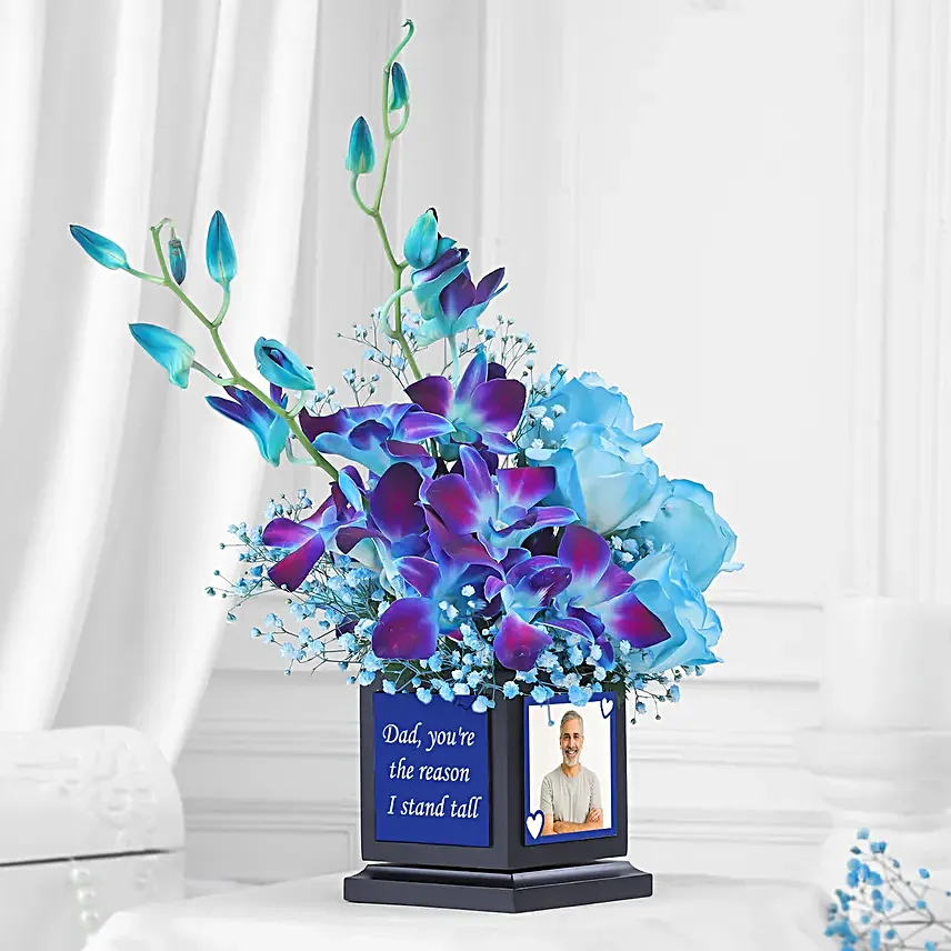 Fathers Day Blue Orchid N White Rose Desk Arrangement