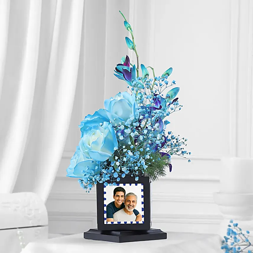 Fathers Day Blue Orchid N White Rose Desk Arrangement