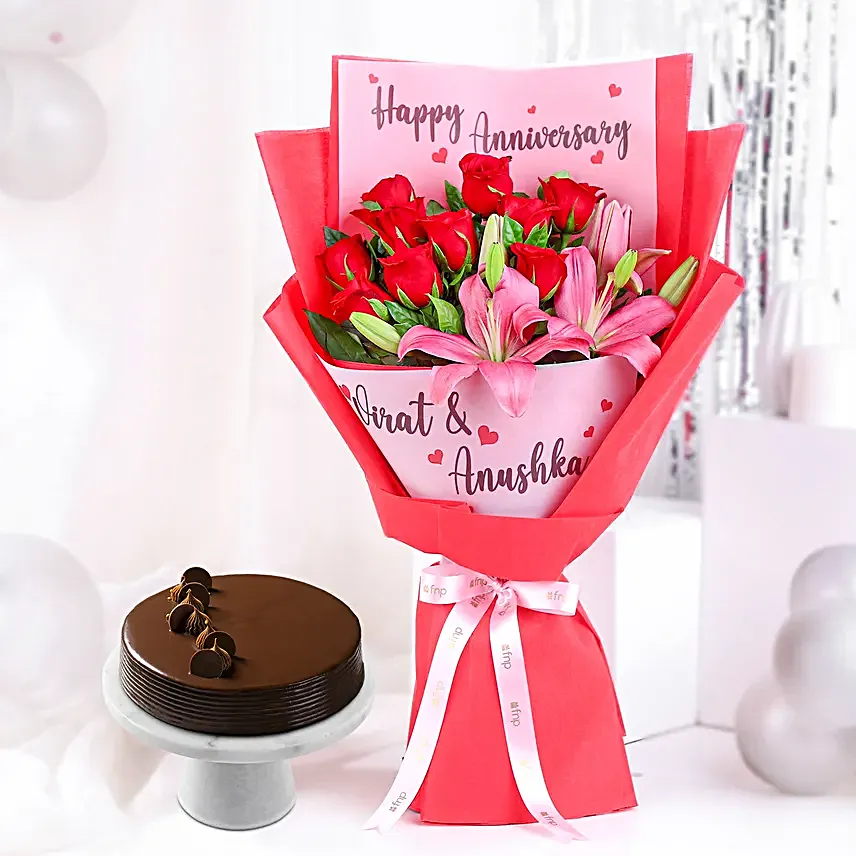 Personalised Anniversary Bouquet N Truffle Cake