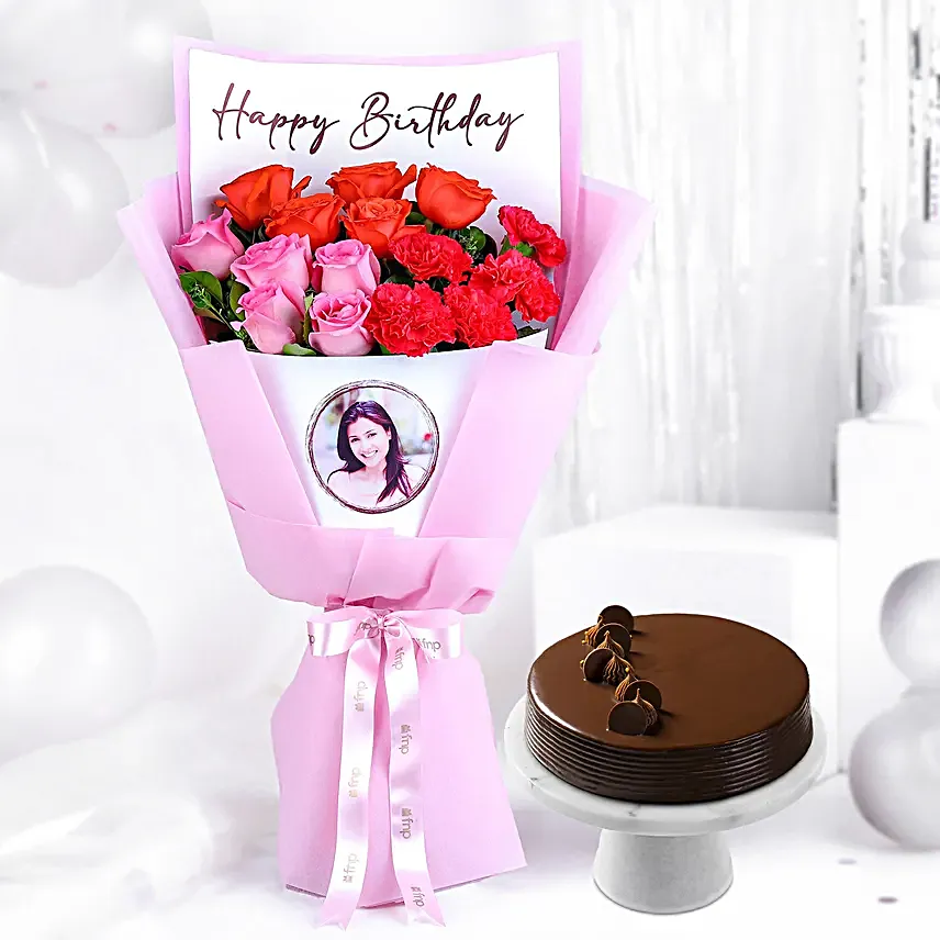 Personalised Birthday Photo Bouquet N Truffle Cake
