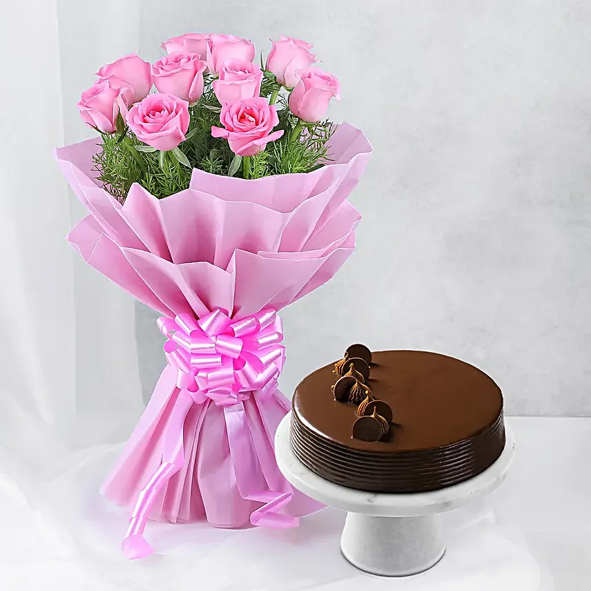 Pink Roses with Cake - Bouquet of 10 pink roses with in paper packing and 500 grams of chocolate truffle cake.