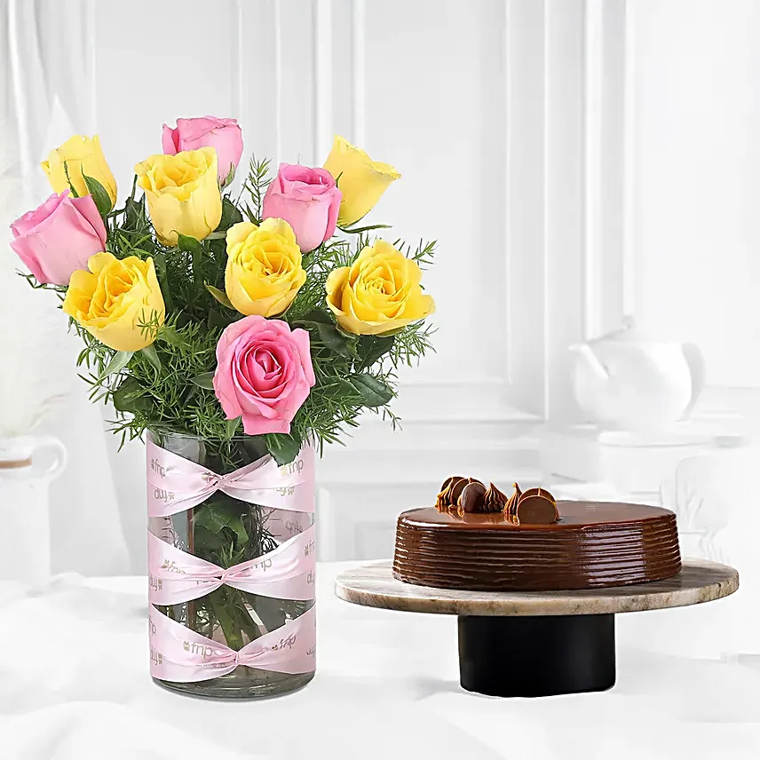 Online flower arrangement n truffle cake combo