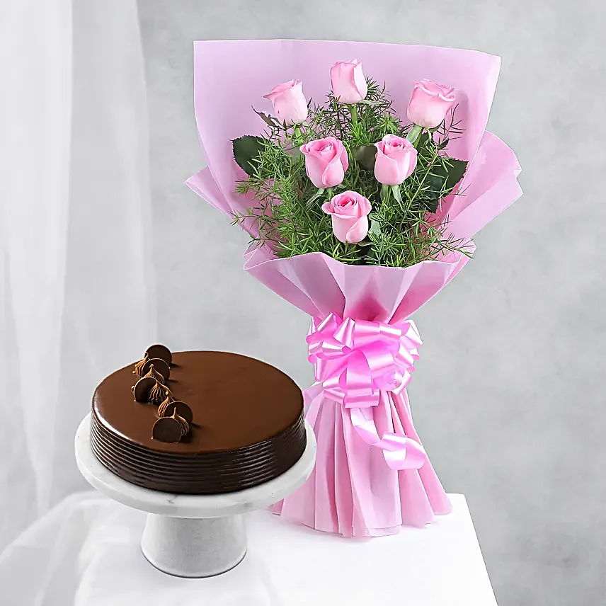 Pretty In Pink Bouquet N Truffle Cake Combo