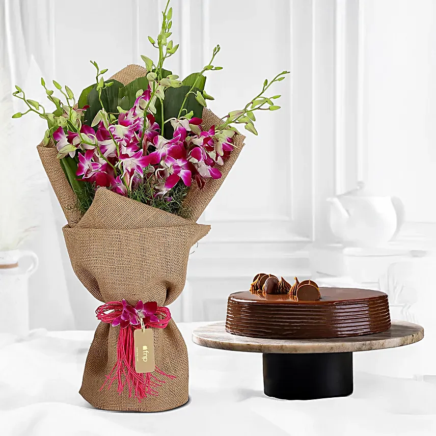 Purple Orchids Bouquet and Truffle Cake Online