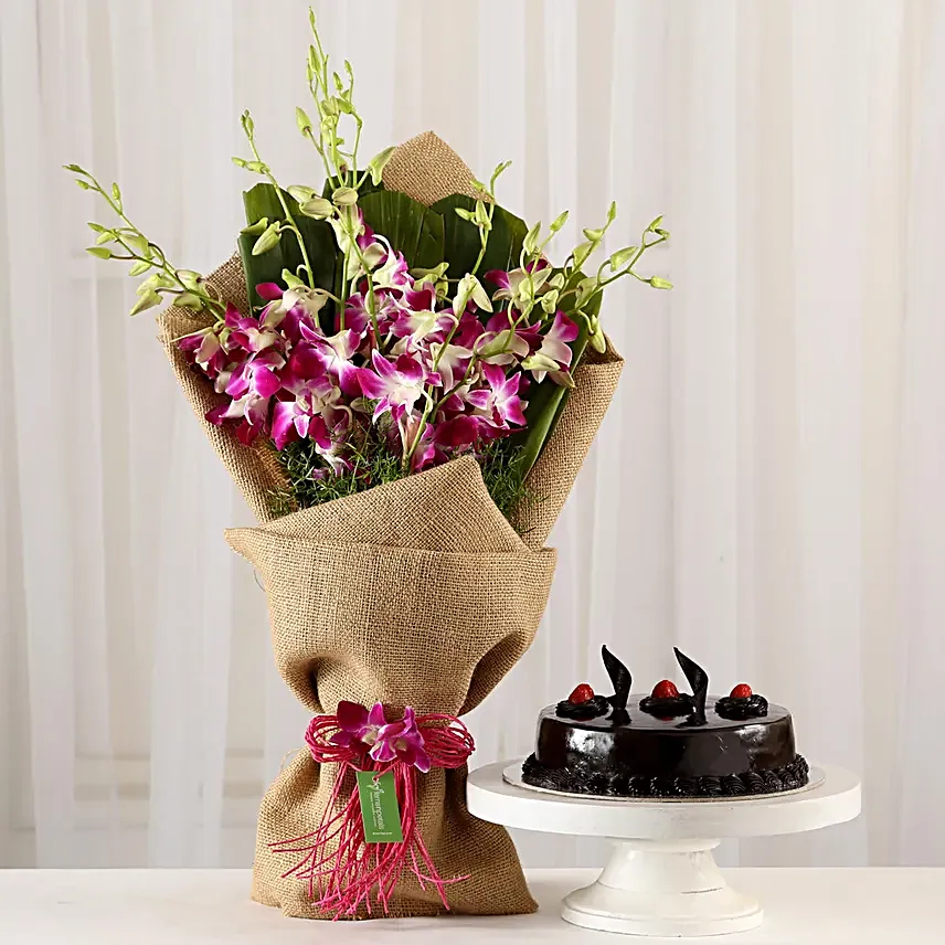 Purple Orchids Bouquet and Truffle Cake Online