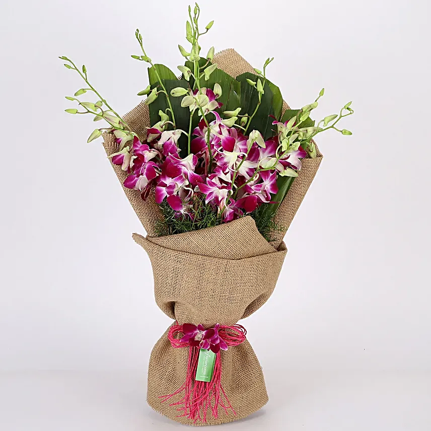 Purple Orchids Bouquet and Truffle Cake Online