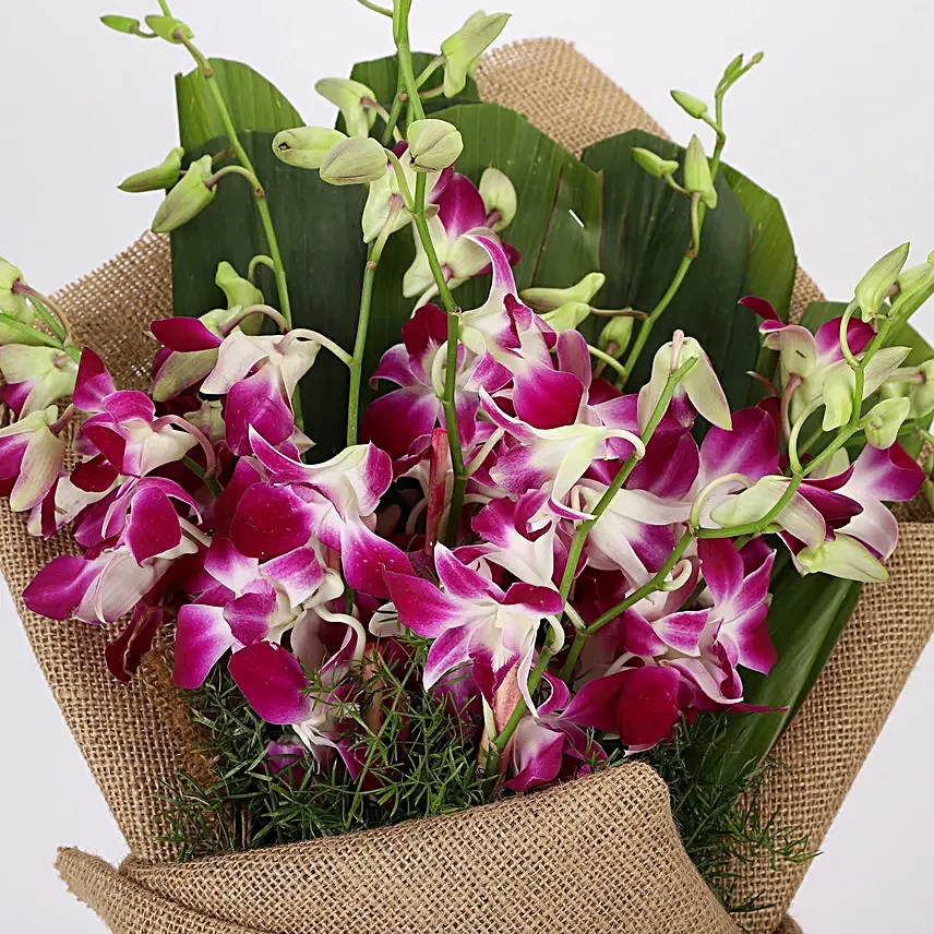 Purple Orchids Bouquet and Truffle Cake Online