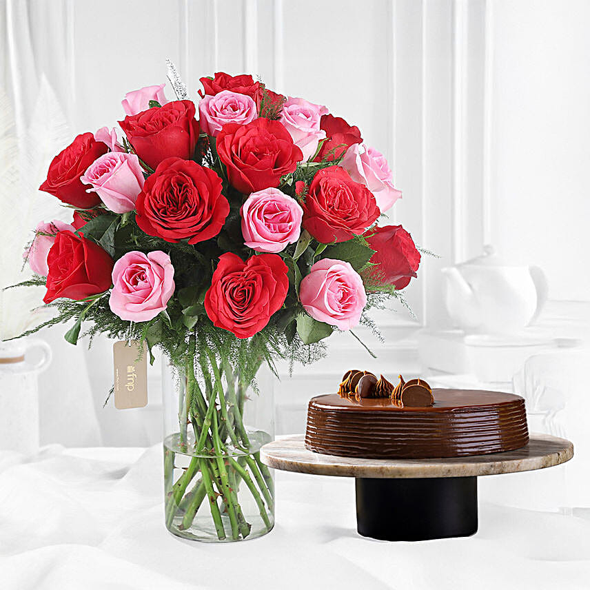 Red and Pink Roses with Truffle Cake