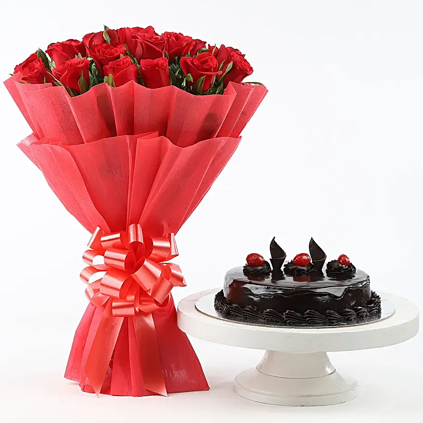 Red Rose with Cake - Bouquet of 10 red roses and 500 grams of chocolate truffle cake.
