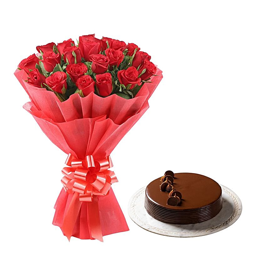 Red Rose with Cake - Bouquet of 10 red roses and 500 grams of chocolate truffle cake.