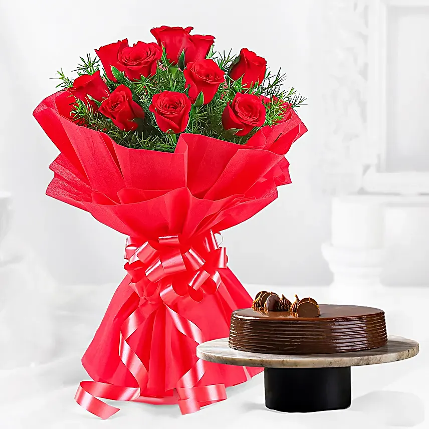 Red Rose with Cake - Bouquet of 10 red roses and 500 grams of chocolate truffle cake.