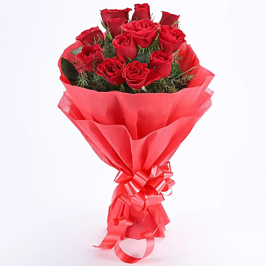Red Rose with Cake - Bouquet of 10 red roses and 500 grams of chocolate truffle cake.