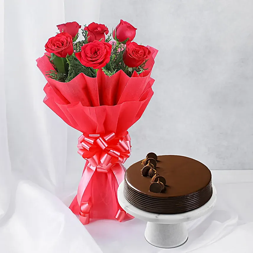 Will You Be Mine - Bunch of 6 Red Roses with Chocolate Cake 500gm.